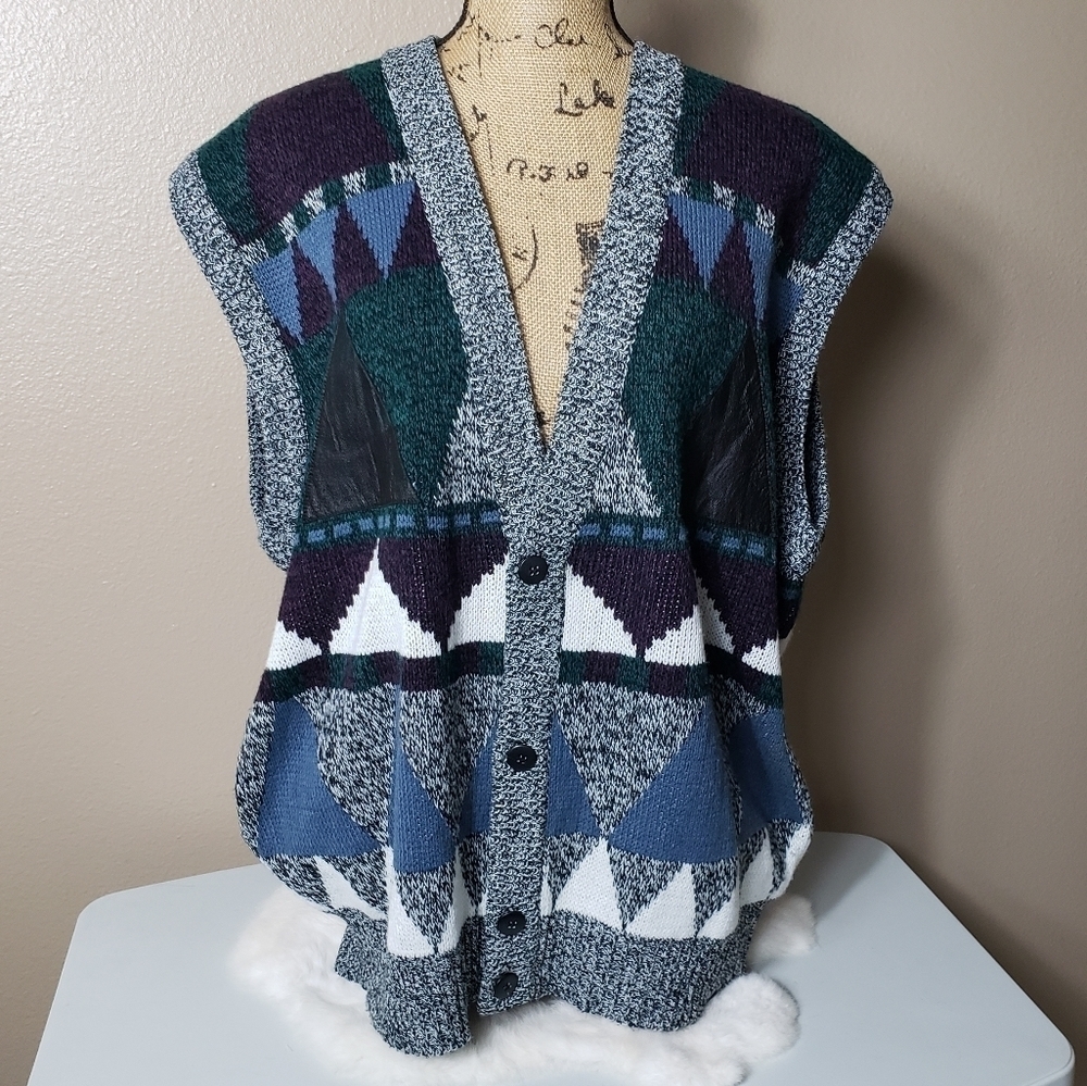 Vintage 80s Unisex Geometric Buttonfront Sweater Cardigan Vest-Size Men's XL